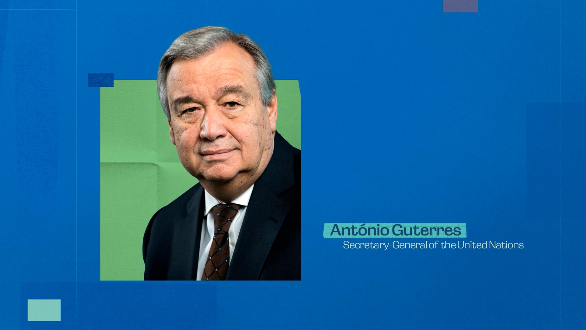 A multimedia cutout design for a motion graphics animation showing Antonio Gutterres