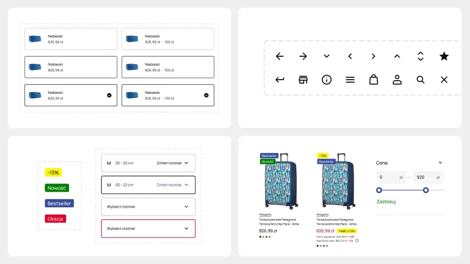 A design system overview featuring UI components: icon sets, product badges, selection buttons, and a price range slider for an e-commerce project.