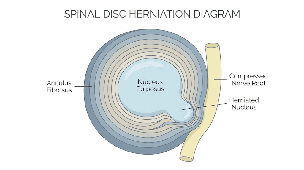 Herniated disc anatomy showing nucleus pulposus compressing spinal nerve root