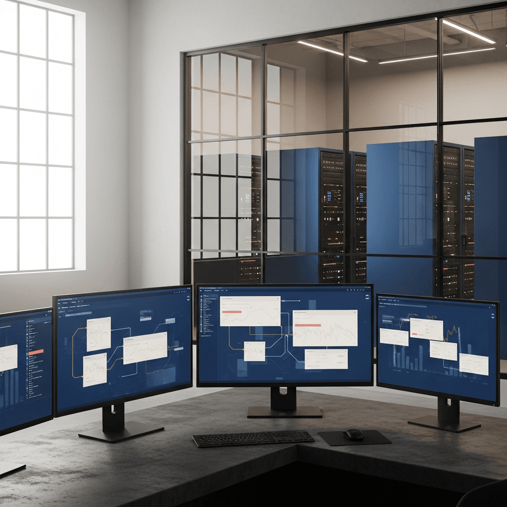 A wide, photorealistic shot of a modern, minimalist financial data operations center. In the foreground, a single analyst's desk with multiple monitors displaying clean, abstract data visualizations of transaction flows. The background is a large, softly-lit server room visible through a glass wall. The room's palette is dominated by deep blue (#1F3B5B) and off-white (#F5F2EC), with subtle coral (#E76F51) accents on the screen interfaces. Natural light streams in from a high window. The upper-left third of the image is clear, dark glass, perfect for text overlay. Aspect ratio 16:9. No text, no logos, no people.