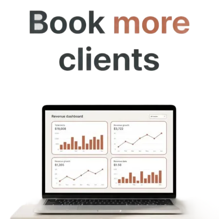 Laptop graphic showing “Book more clients” for 100 business revenue AI prompts for menopause coaches