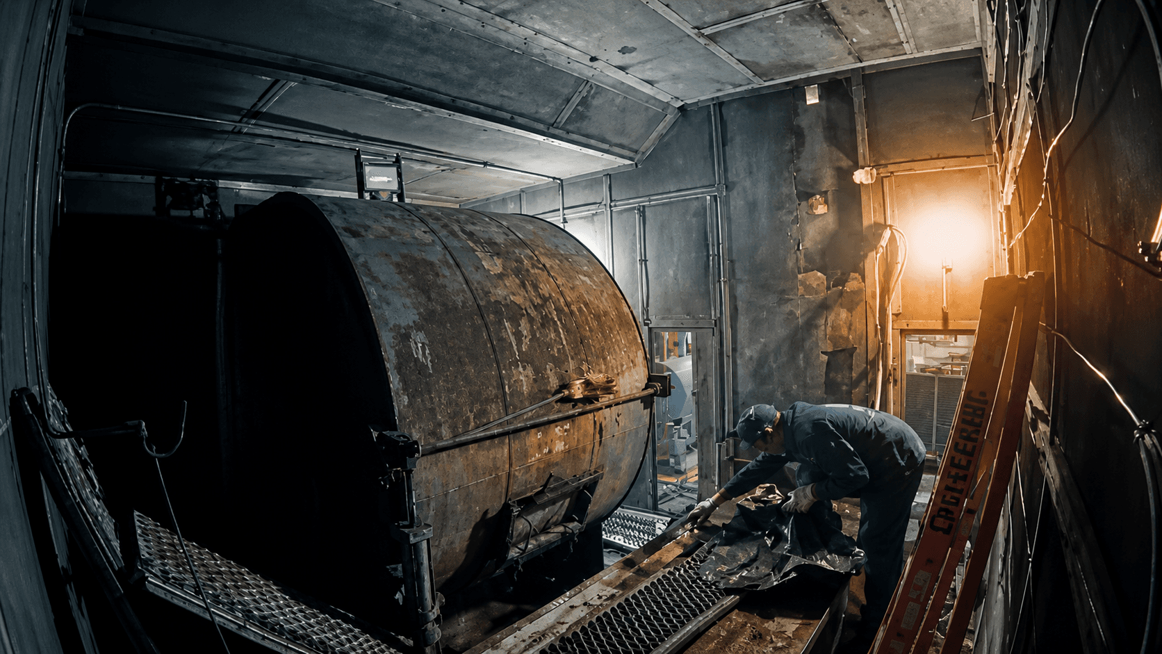 Technician inspecting a heavily corroded legacy fan assembly inside an aging commercial AHU in a constrained mechanical room.