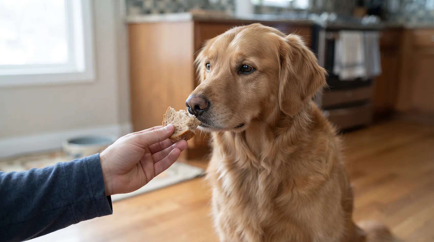 Golden Retriever sniffing a piece of bread held by its owner while deciding if dogs can eat bread.