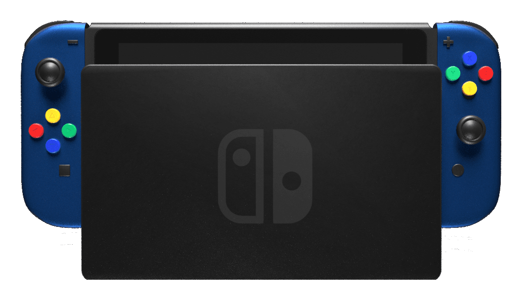 3D rendering of a Nintendo Switch console in a dock, with the screen partially covered. The Joy-Con controllers are attached, featuring blue shells with colorful buttons on both sides. The front of the dock displays the Nintendo Switch logo.