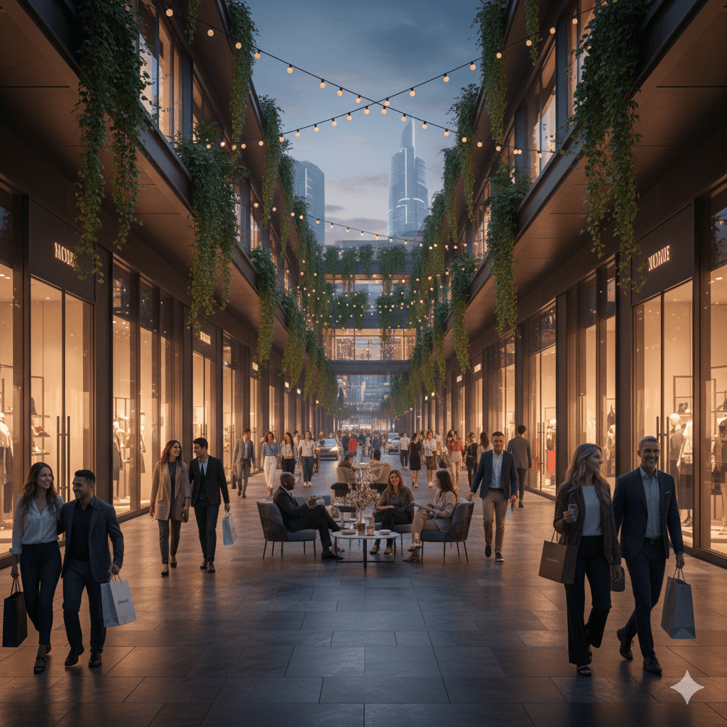 Upscale M3M high-street retail, shopping avenue Noida, evening ambiance