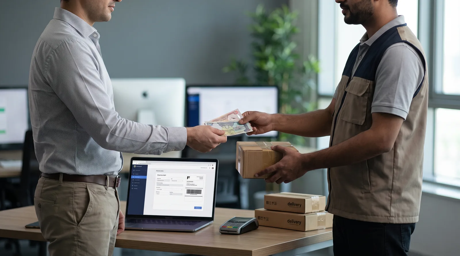How Cash on Delivery Works for a UAE Online Seller beside an online store on a laptop and a card payment terminal