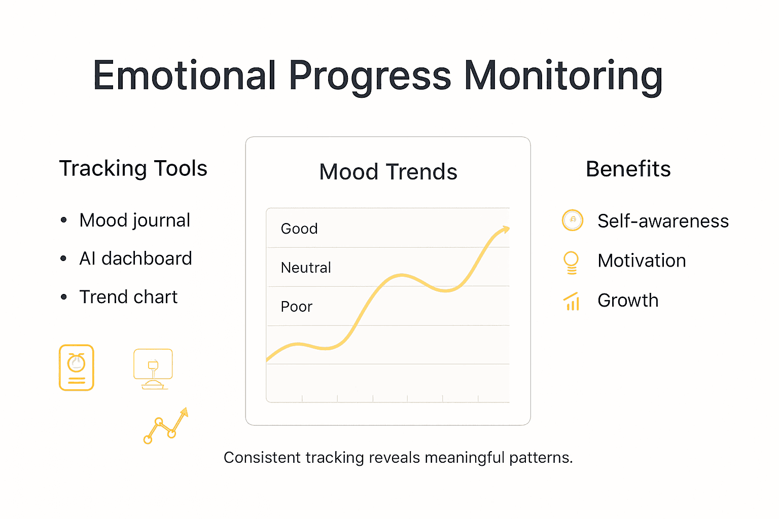 Infographic showing emotional progress monitoring tools and benefits