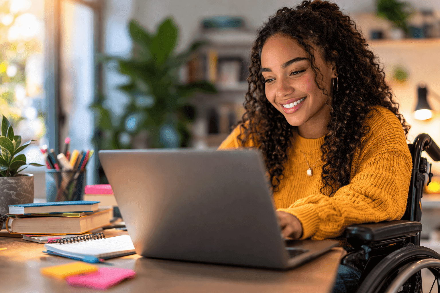 Disbaled student smiling and reviewing lectures on her laptop