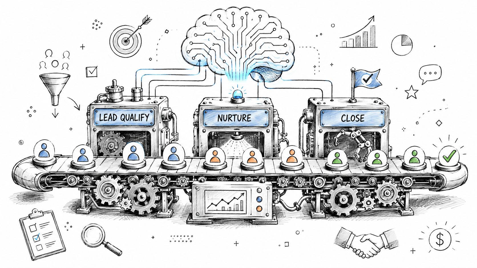 A hand-drawn illustration depicting a sales workflow automation process with machines processing leads on a conveyor belt.