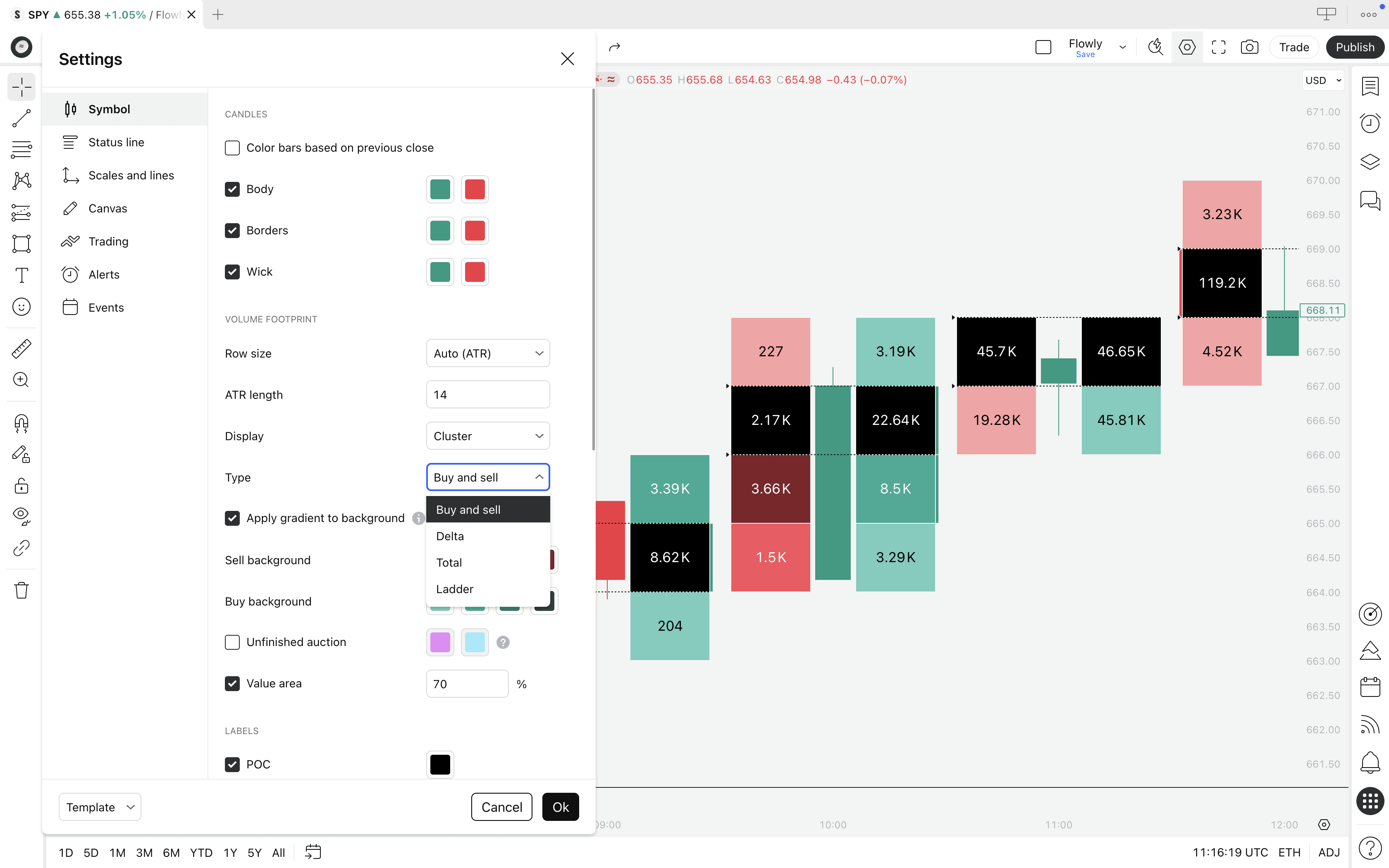 An illustration showing TradingView Volume Footprint chart Template settings
