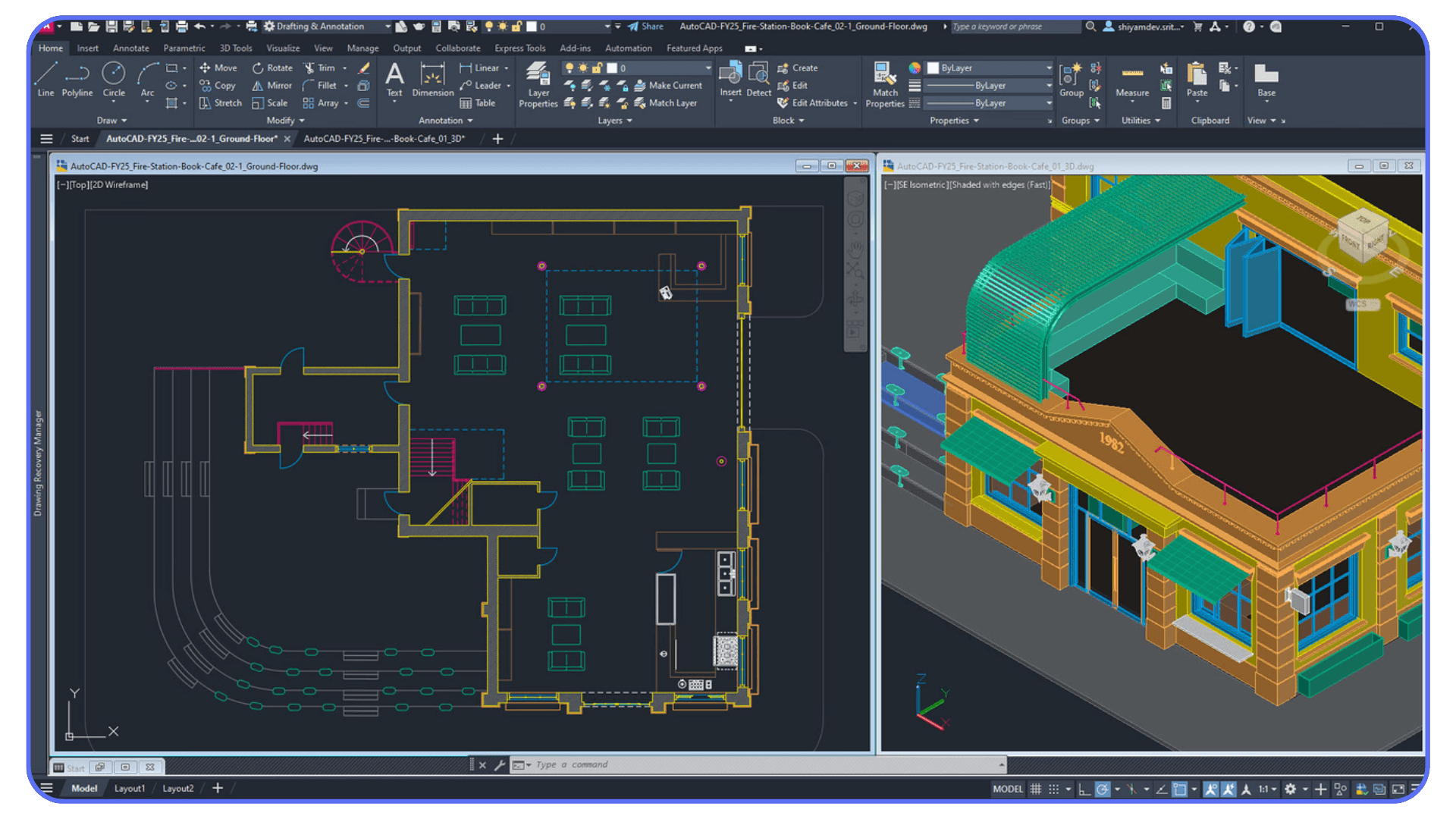 AutoCAD interface showing a 2D floor plan alongside a 3D building model with shaded visual styles