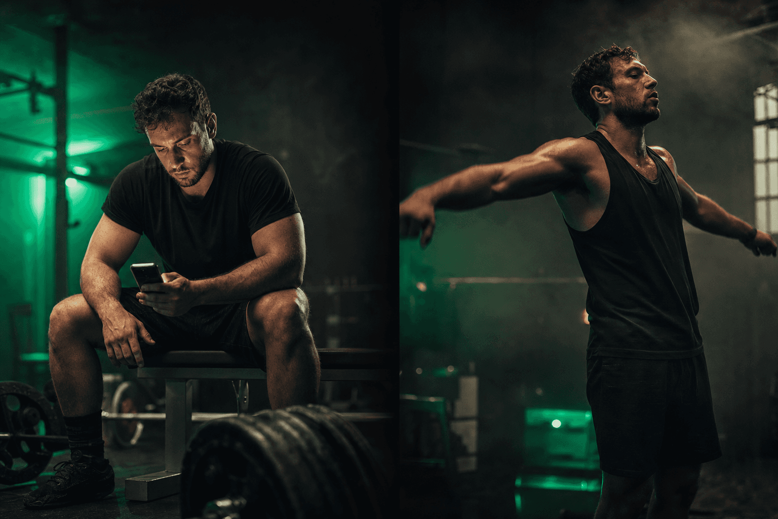 Split composition contrasting a lifter checking a rest timer against a lifter resting by feel in a dark gym