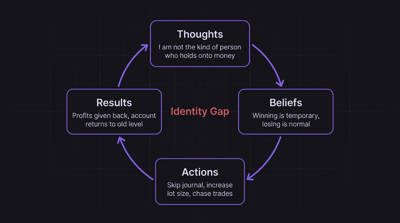 Diagram showing the identity gap cycle in trading self sabotage