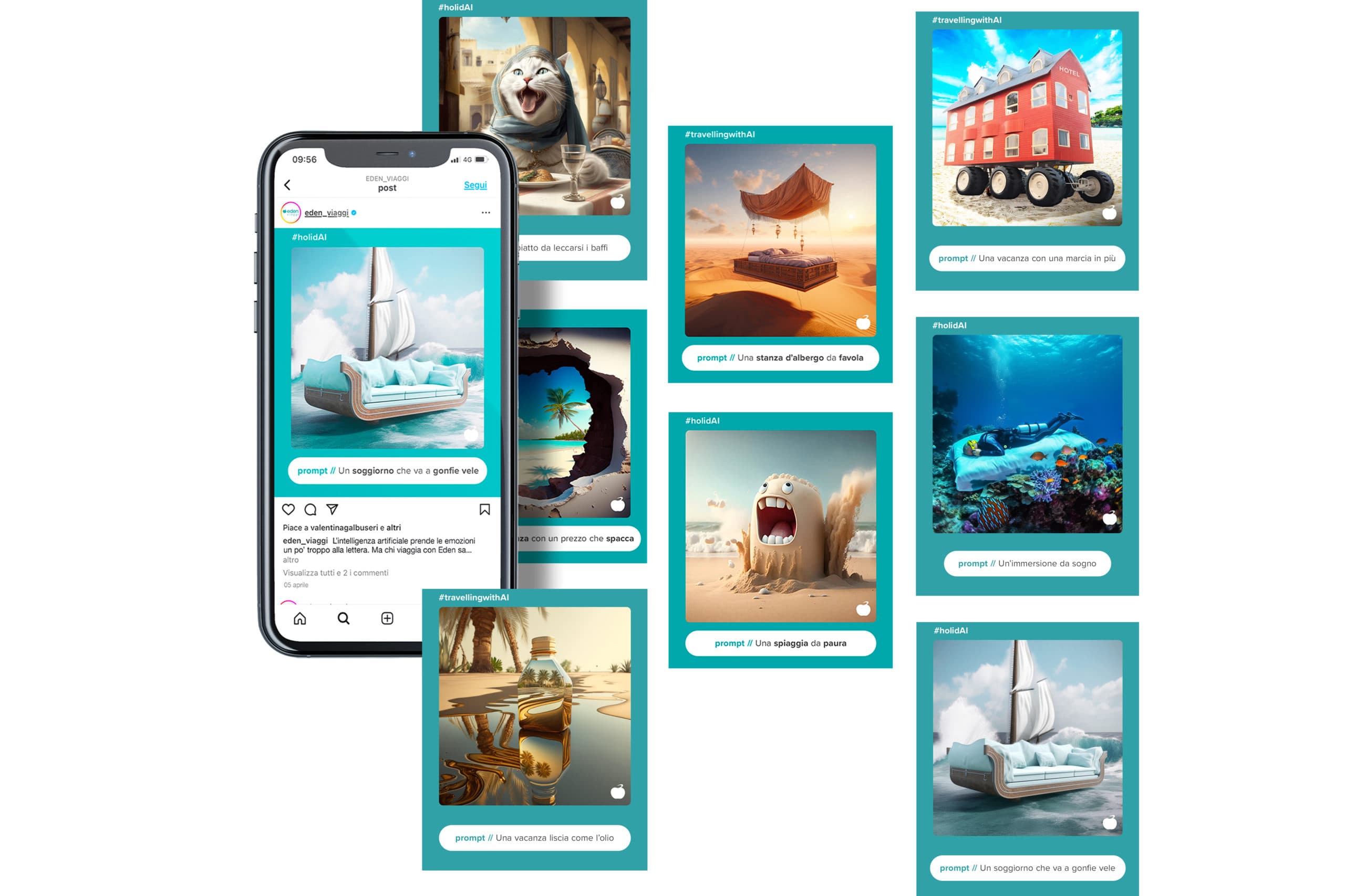 Post in cui modi di dire sono interpretati con immagini AI, spesso rappresentandoli in modo letterale. Ad esempio "Un soggiorno che va a gonfie vele" è visualizzato con un divano con le vele e una forma a barca fra le onde. 