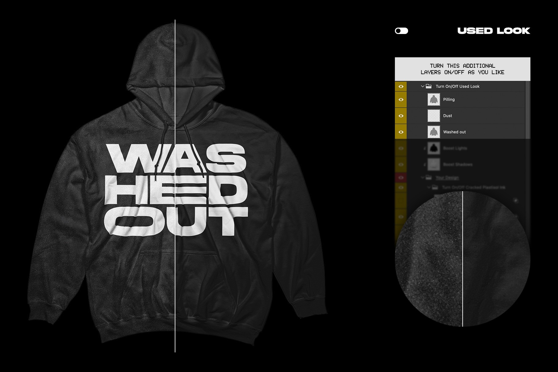 Gildan 18500 Hoodie wrinkled mockup used fabric look with worn texture