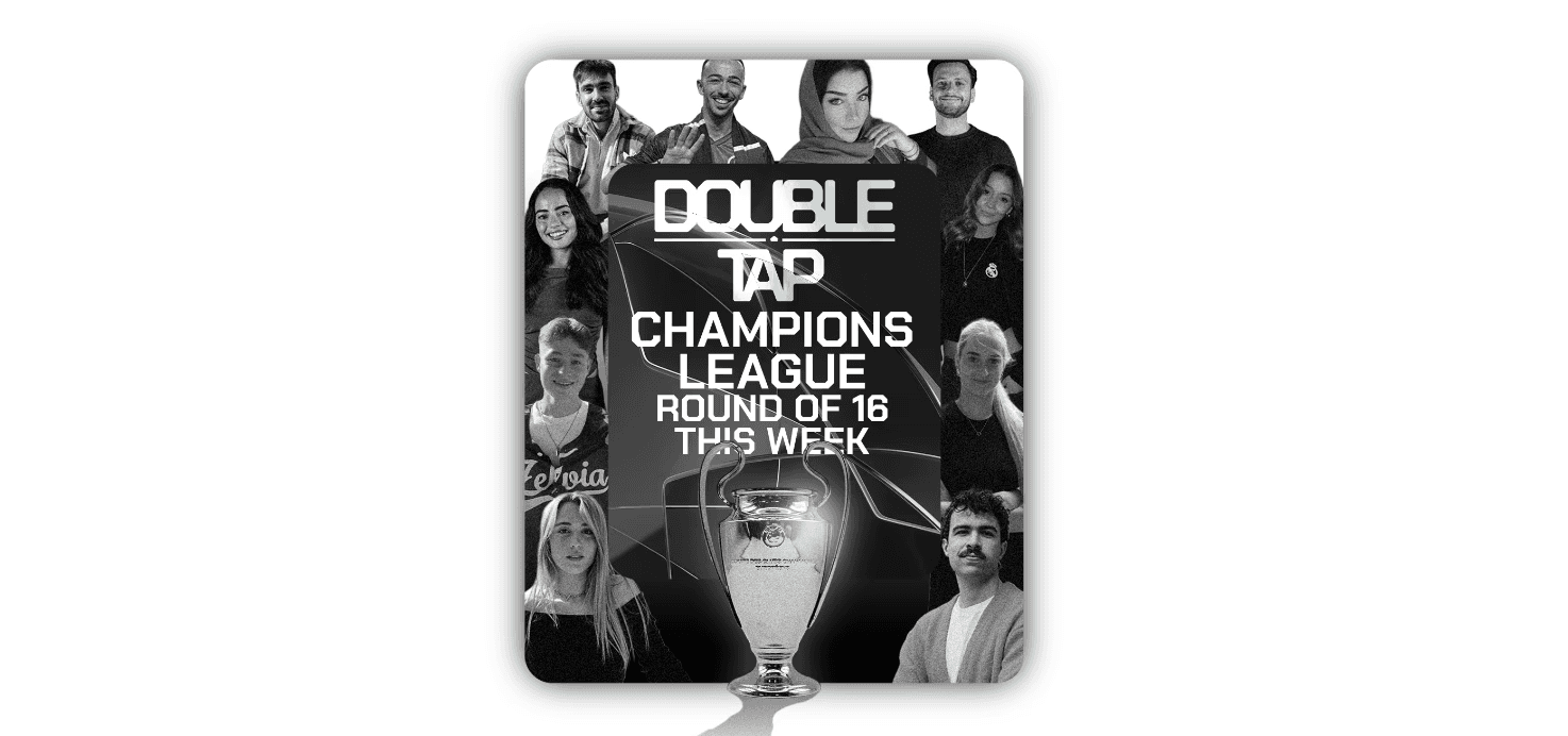 View from inside a Champions League stadium with creators documenting the crowd, lights, and pre-match atmosphere on the pitch