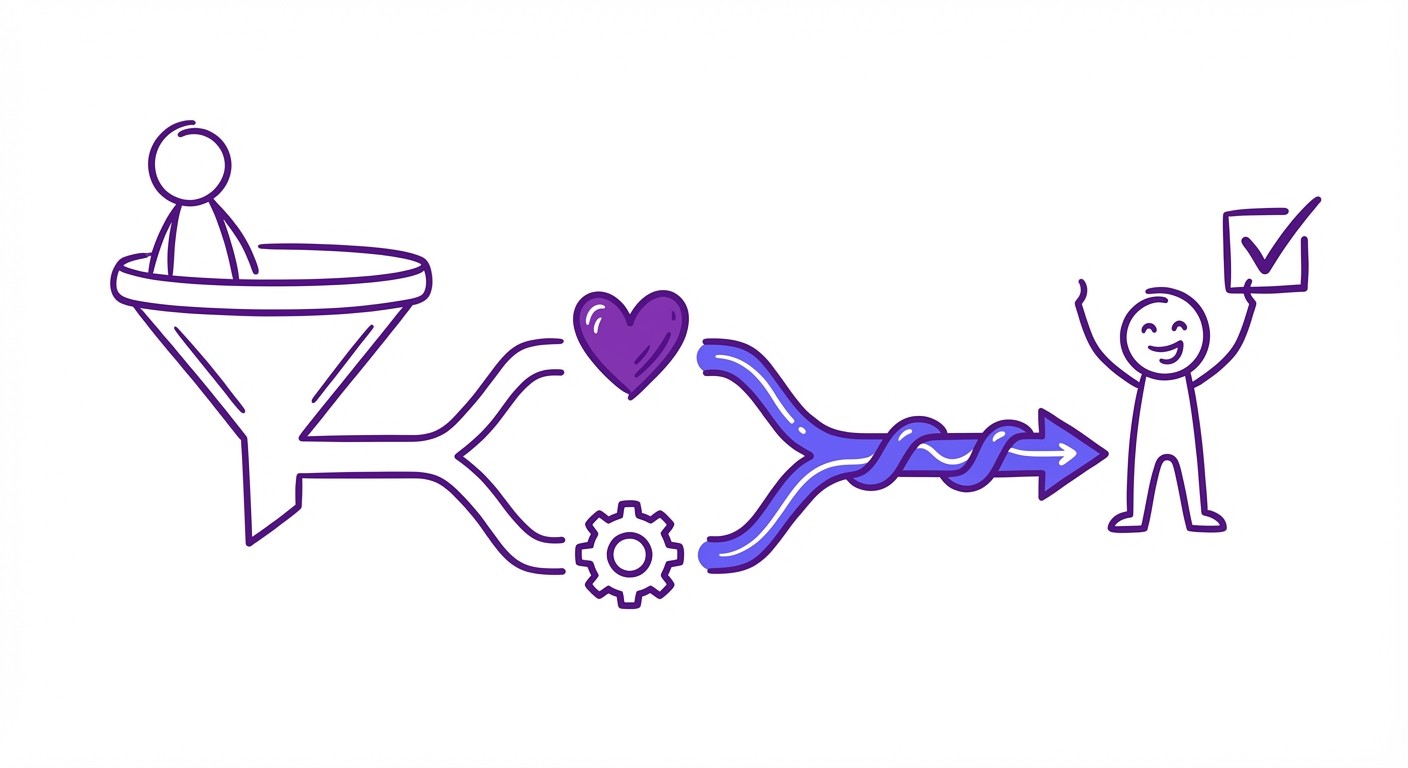 A simple line-art diagram showing a lead entering a funnel that splits into human and AI paths before merging into a singular hybrid output.