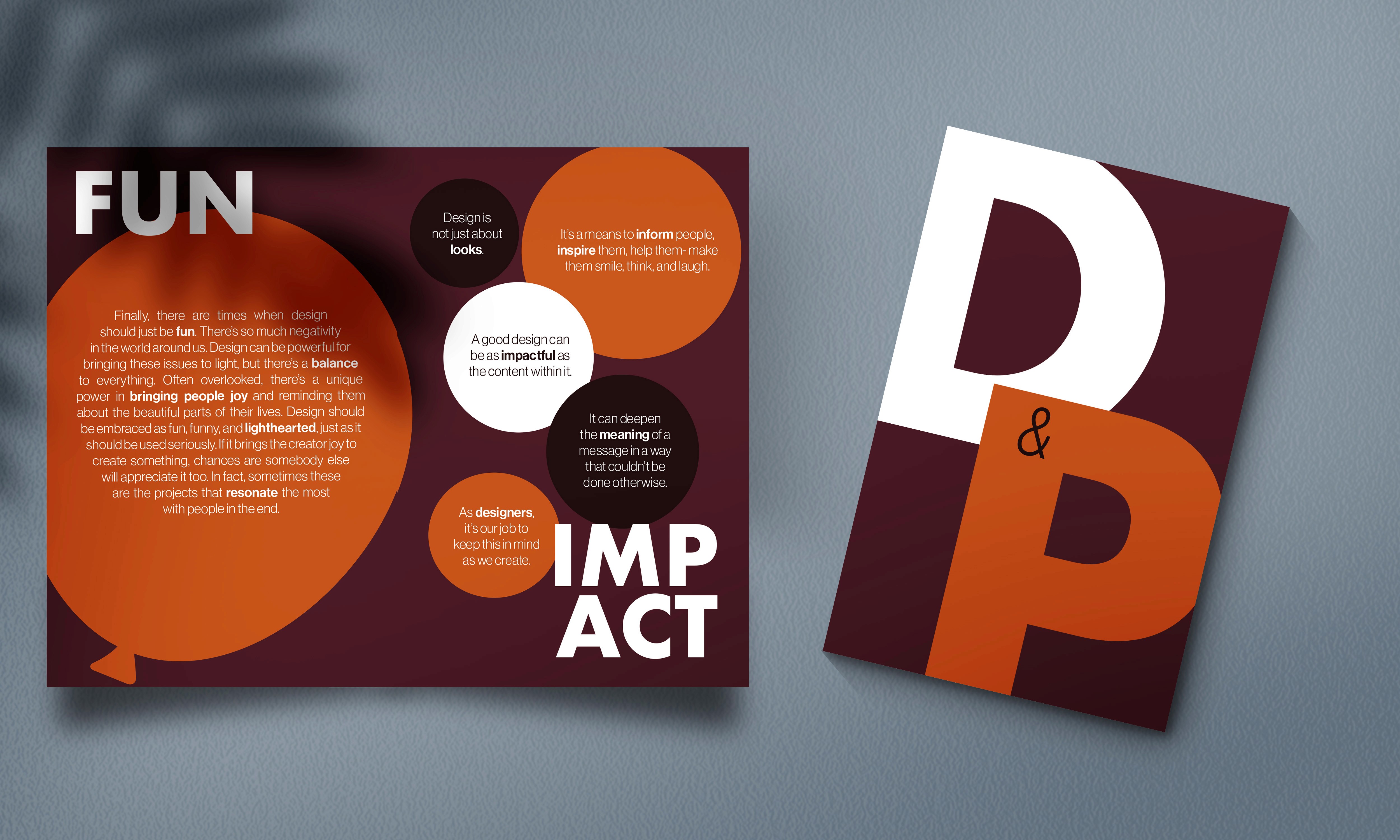 A two-page booklet spread mockup. The left page features circular graphic elements with the words 'FUN' and 'IMPACT,' while the right page shows a vertical 'D & P' logo.