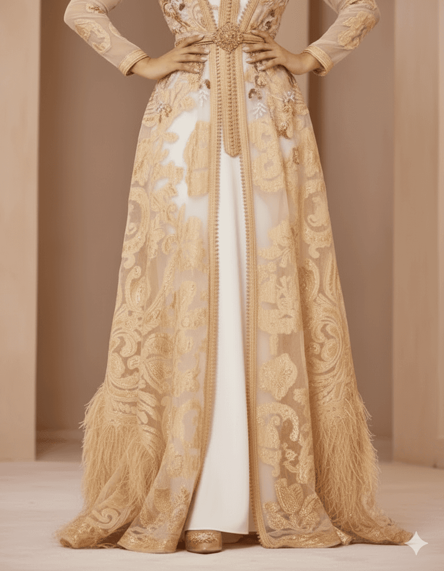Beige and gold Moroccan caftan with intricate embroidery, handmade luxury caftan crafted in Morocco and Bahrain