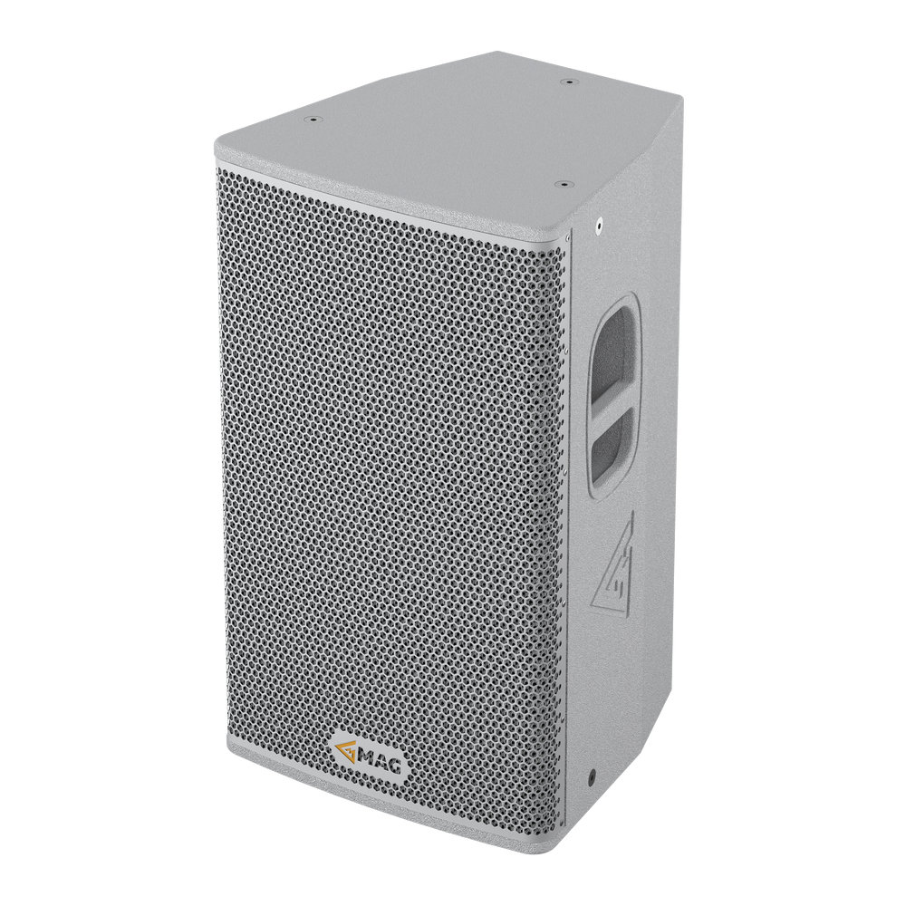 Gray speaker with a perforated front and handle