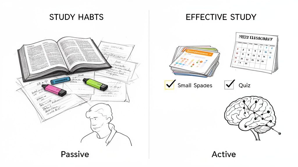 An illustration comparing passive study habits with active and effective study methods.