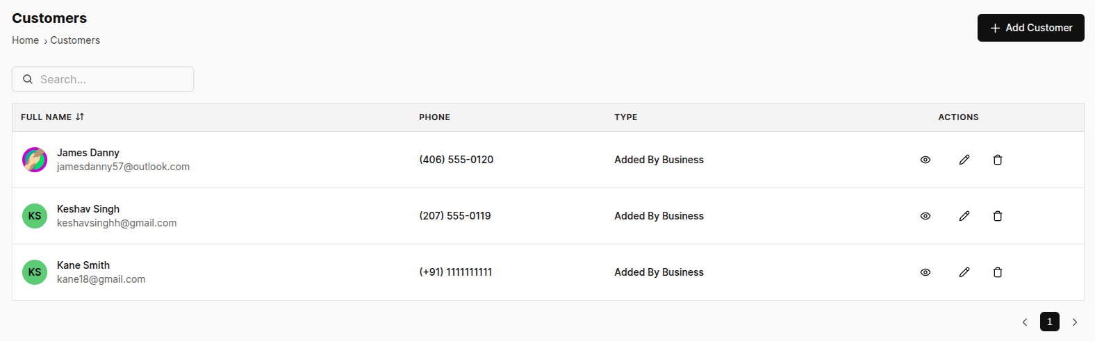 Customers list table with name, phone, customer type and view, edit and delete actions
