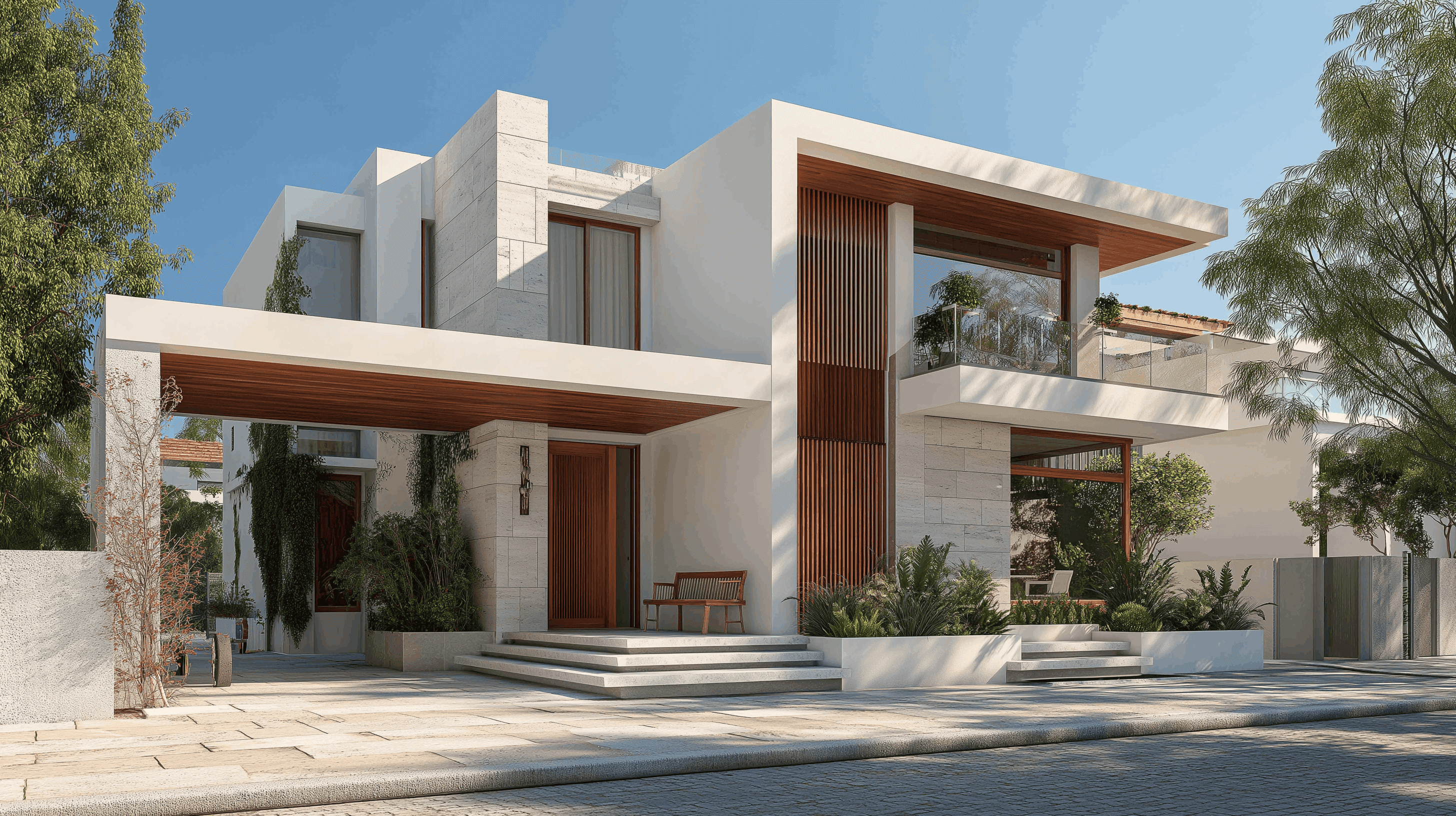 L-shaped desert villa with a dark flat roof and large glass sliders, featuring a pool and lounge chairs surrounded by palm trees and mountains.