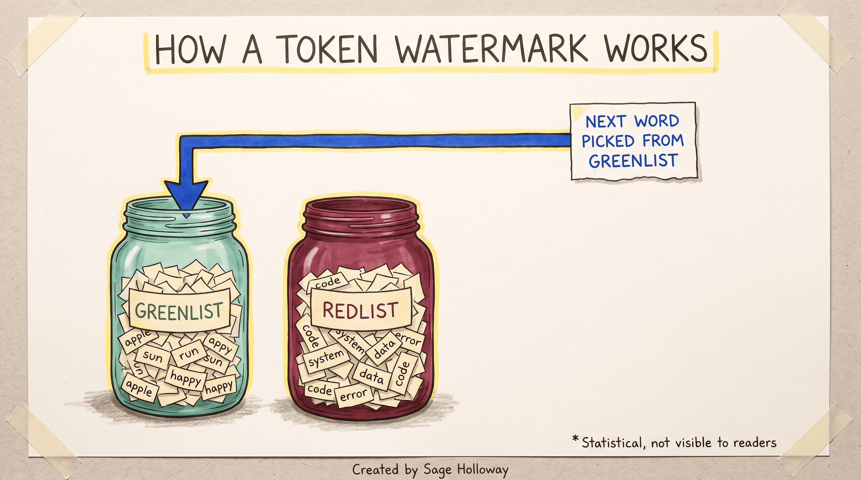 Diagram of greenlist and redlist word-token jars showing how a cryptographic token watermark biases word choice