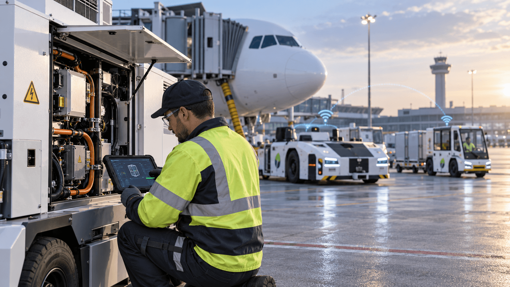 Technician using digital diagnostics for connected airport ground support equipment