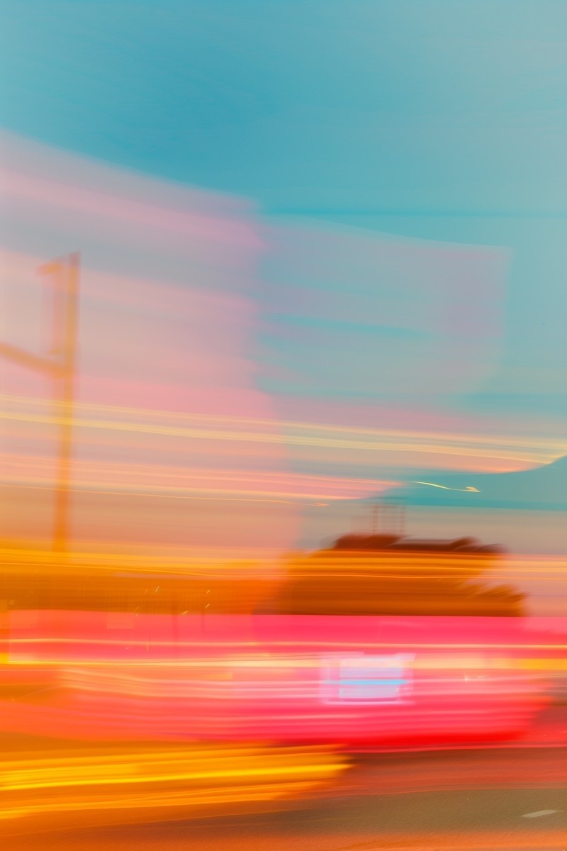A vibrant abstract image captures streaks of pink, orange, and yellow lights against a clear blue sky, conveying a sense of motion and energy.