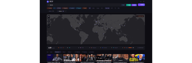 An interactive world map interface from the Woody Vision SaaS platform, used for real-time monitoring of user-generated content (UGC). This AI-driven tool visualizes geographic hotspots of viral narratives, helping media production houses analyze data distribution and social sentiment across specific regions and cities.