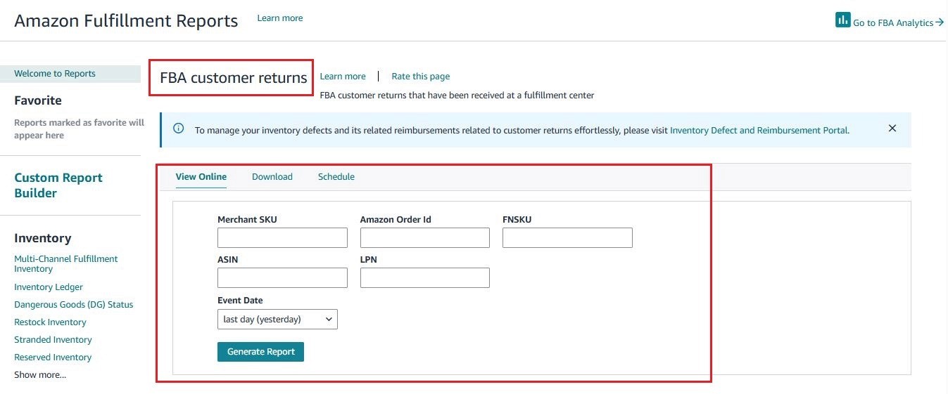 FBA Customer Returns Report