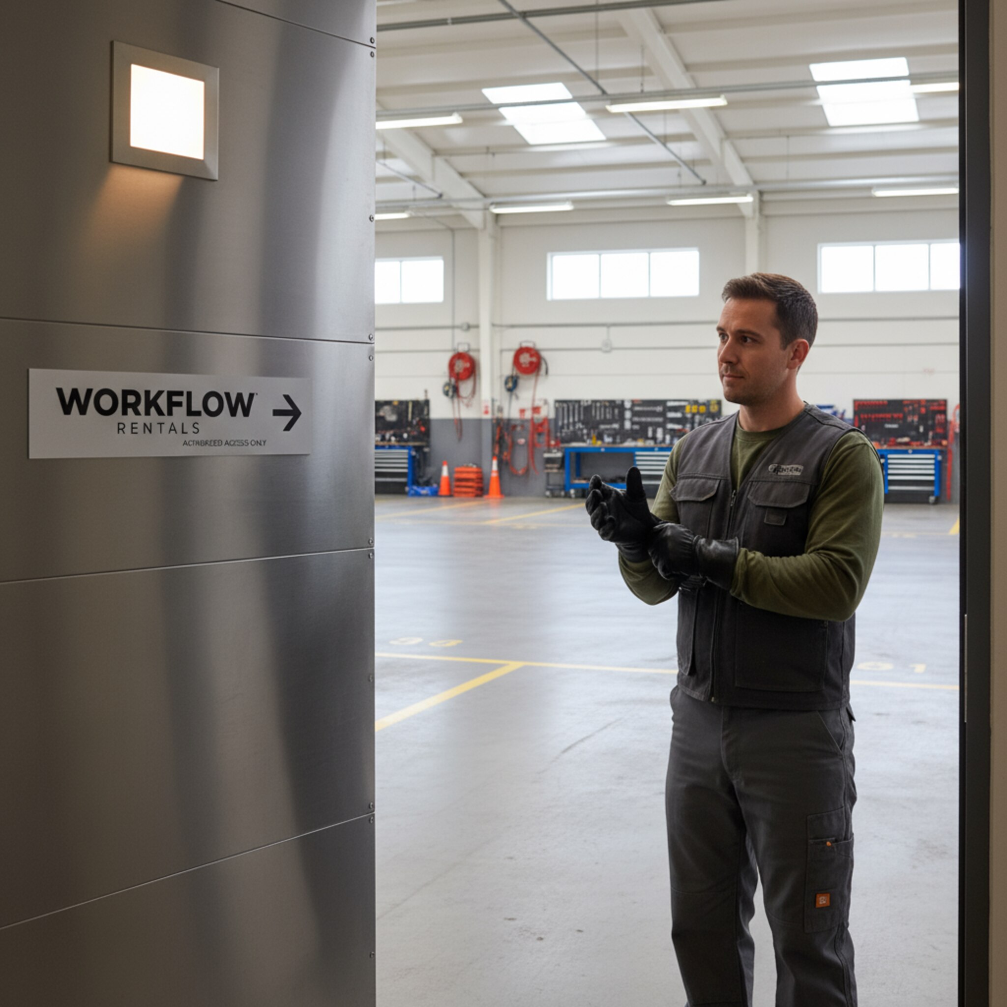 Am Eingang leuchtet eine kleine Zutrittsleuchte neben einer robusten Stahltür. Eine Person zieht Handschuhe an und blickt in die helle Halle mit deutlich markierten Stellflächen. Der Boden ist trocken, Schläuche sind sauber aufgerollt. Es wirkt ruhig und kontrolliert, als wäre der Zugang präzise organisiert.