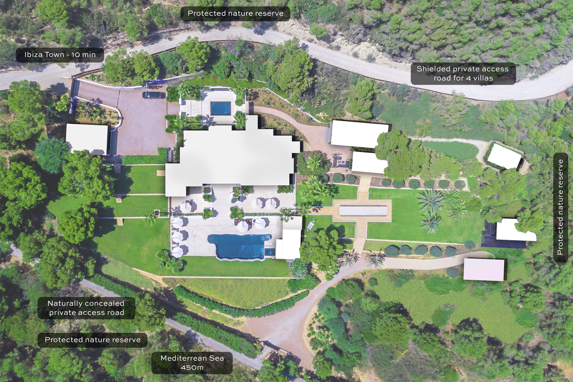 Aerial estate site plan showing villa layout, private access road, gardens and surrounding protected nature reserve.