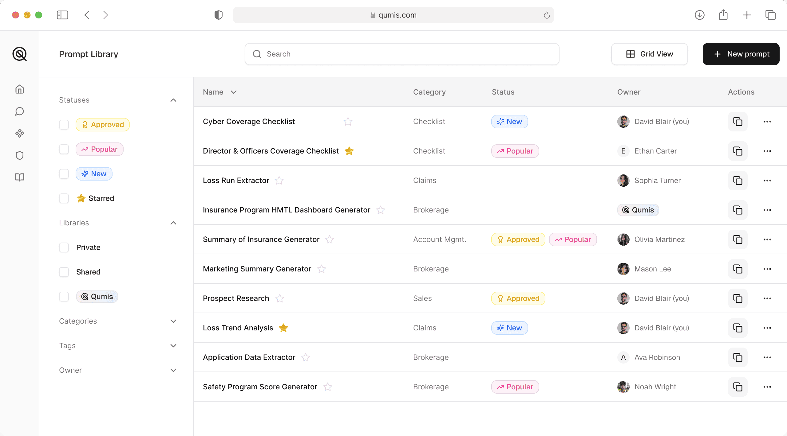Qumis Prompts library showing curated AI prompt templates for commercial insurance coverage analysis and policy review workflows