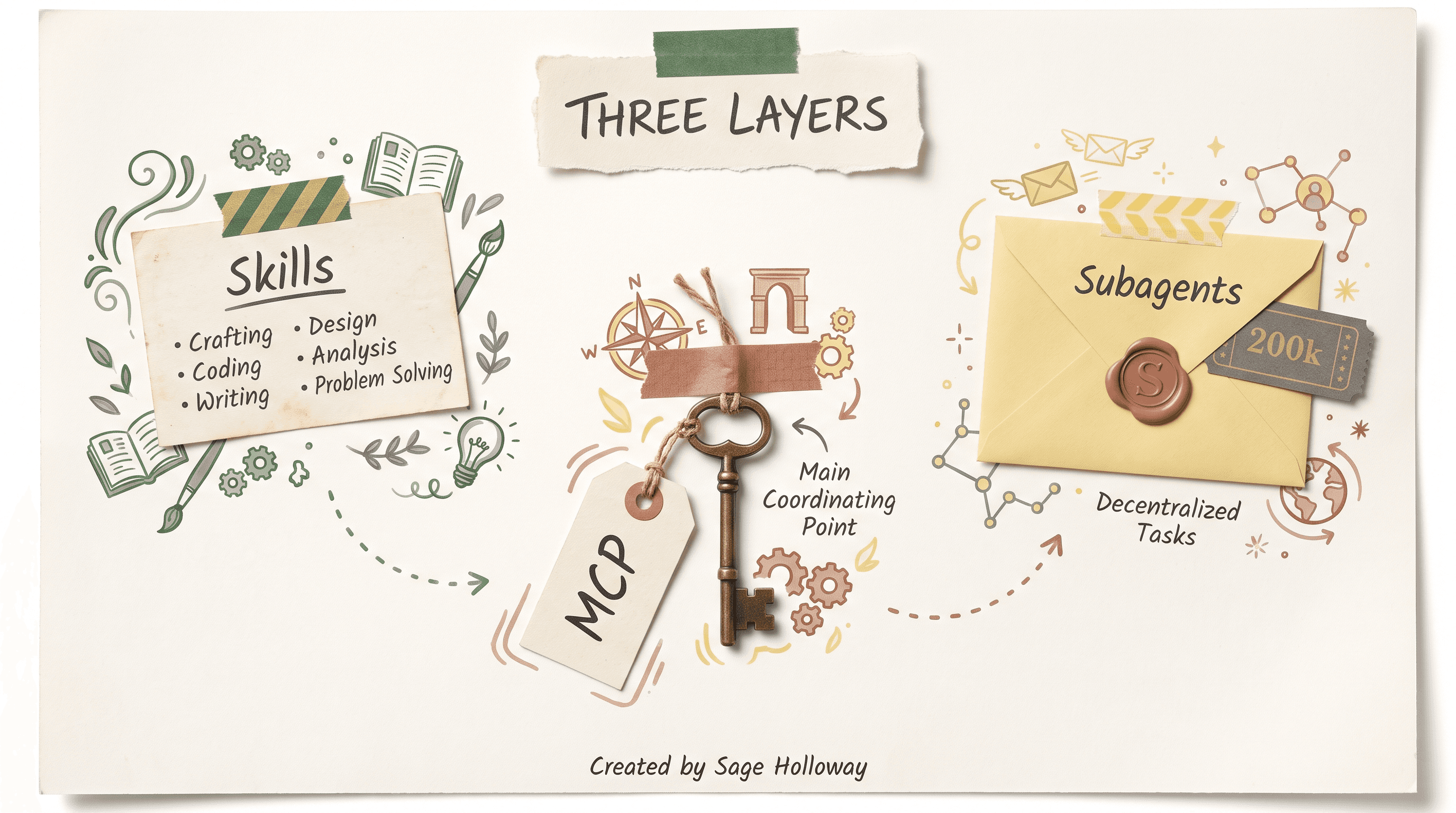 Scrapbook diagram comparing Claude Code Skills, MCP tools, and QA subagents
