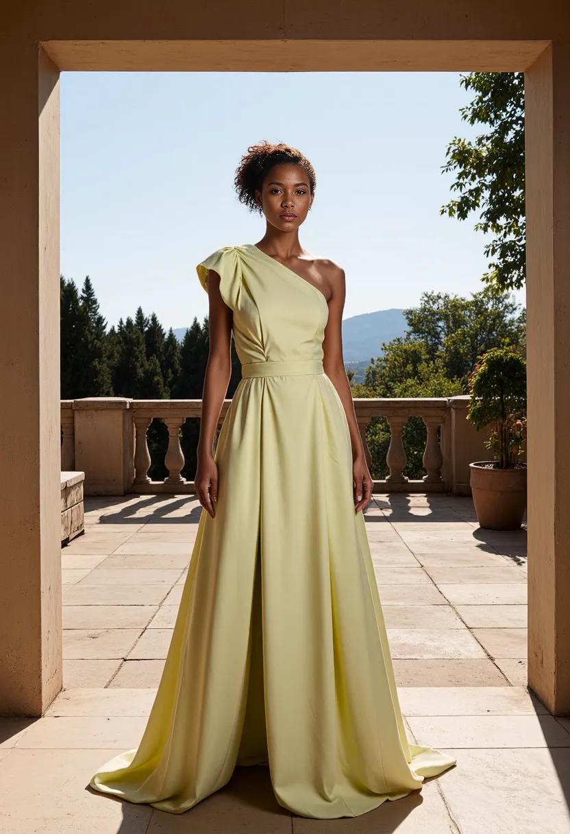 Elegant one-shoulder lime gown photographed on stone terrace with mountain view backdrop, showcasing flowing silhouette in golden light