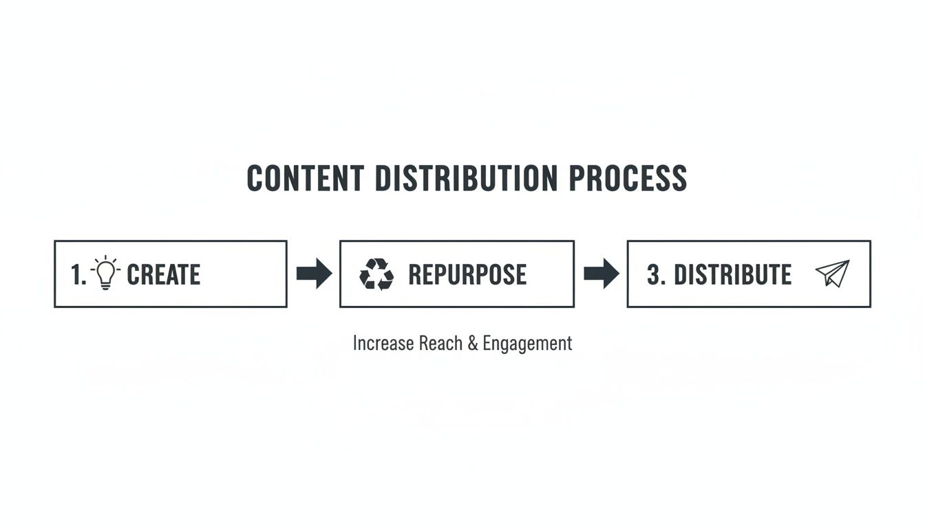Infographic illustrating the content distribution process: Create, Repurpose, and Distribute for better engagement.