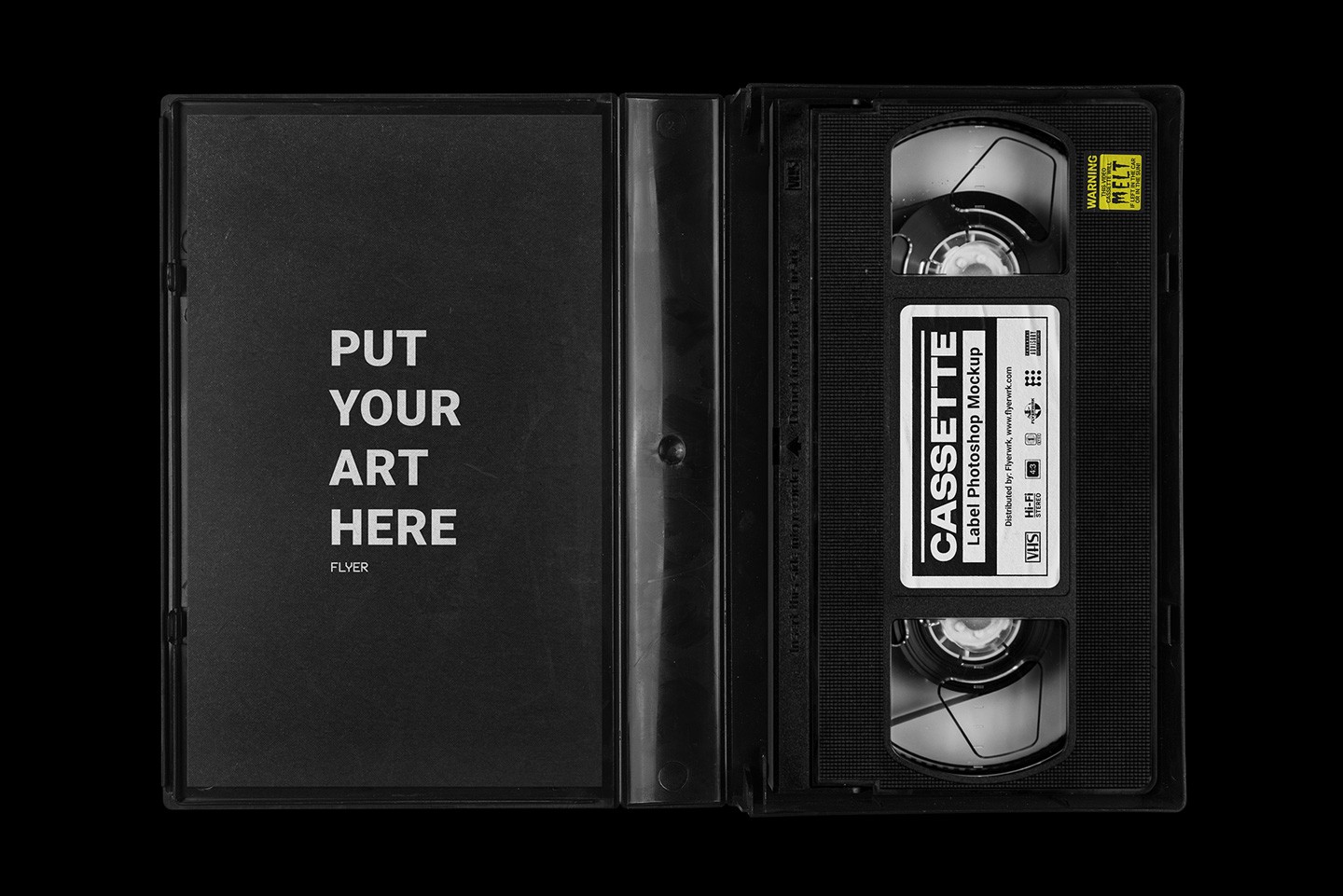 Vintage VHS cassette tape case mockup open case with cassette tape inside
