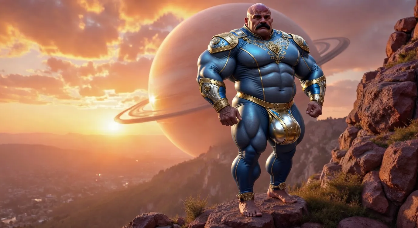 Rex Titan solo on Saturn cliff, blue and gold suit