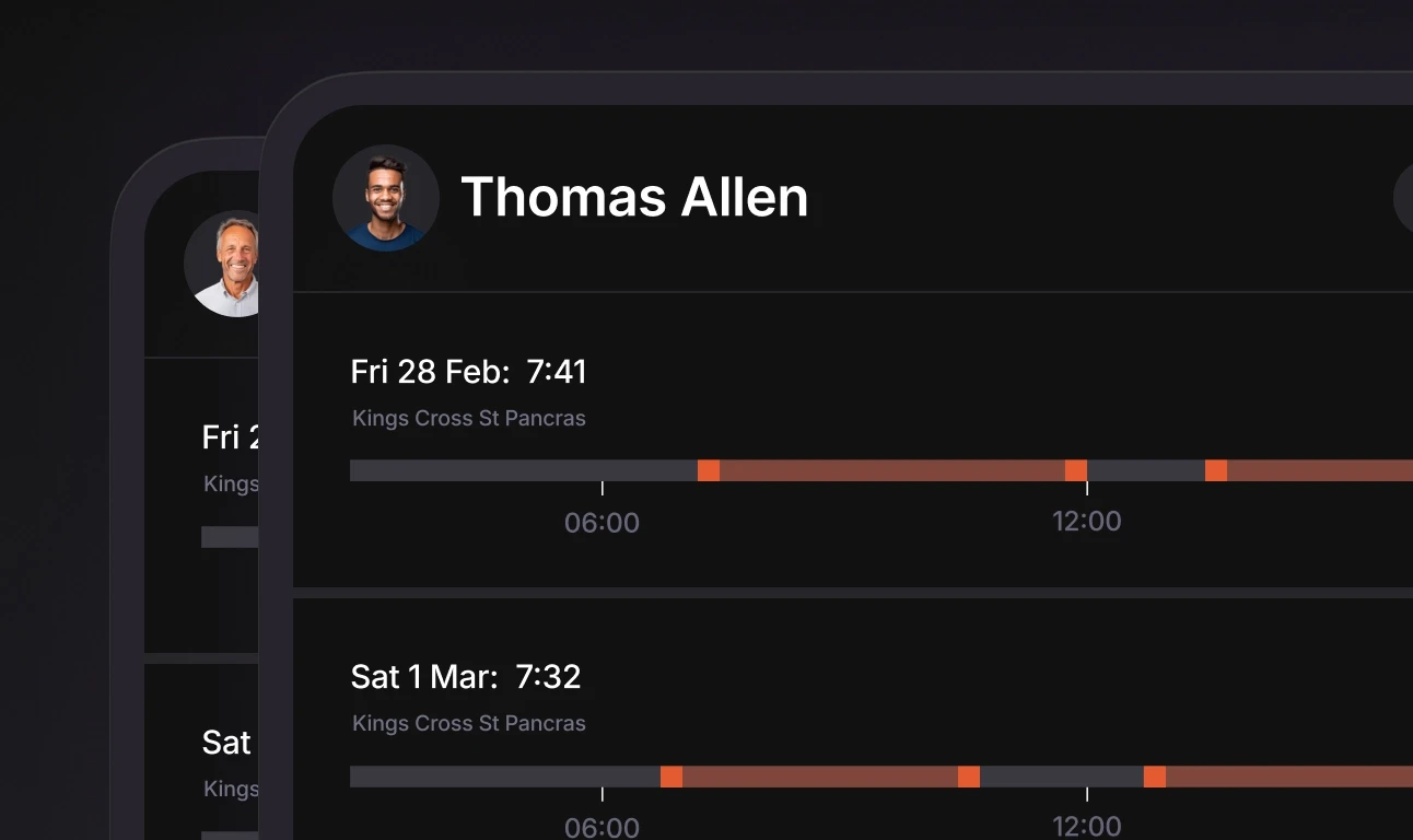 An extreme close up of two stacked images of operatives’ daily timeline showing when they clocked in and out.