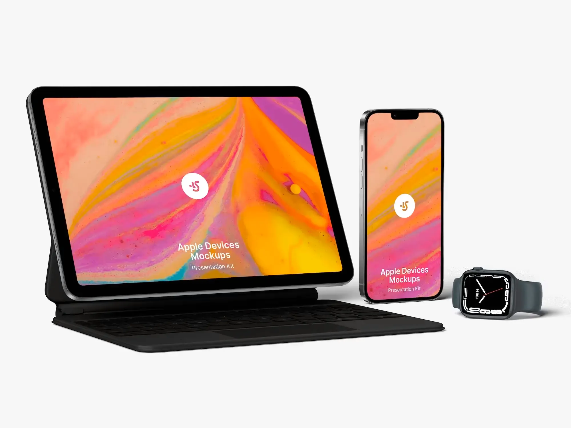 Mockup of an iPad, iPhone, and Apple Watch displaying vibrant abstract designs with "Apple Devices Mockups" text, ideal for showcasing digital designs across devices.