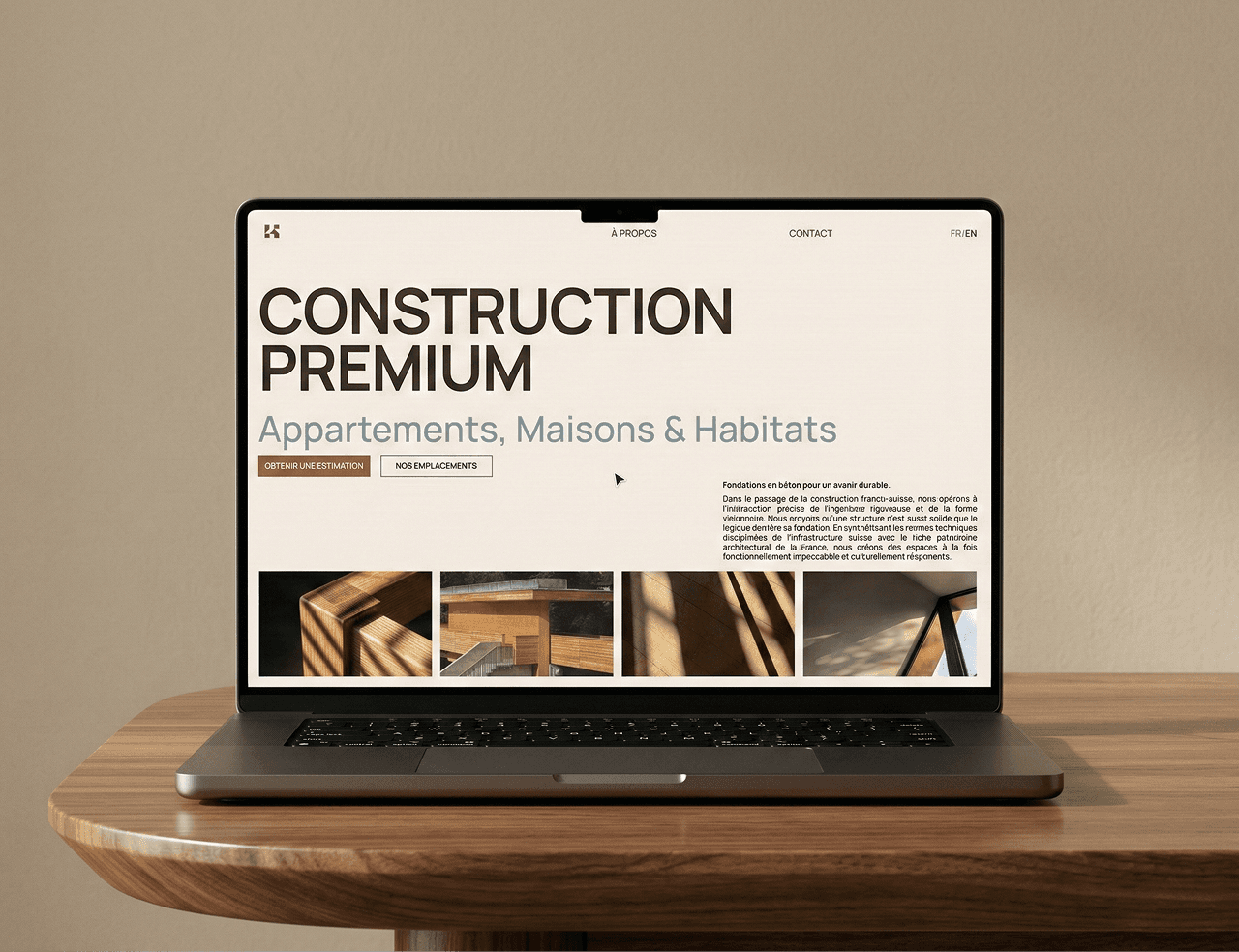 Homco website mockup — laptop showing construction landing page with material photography, web design