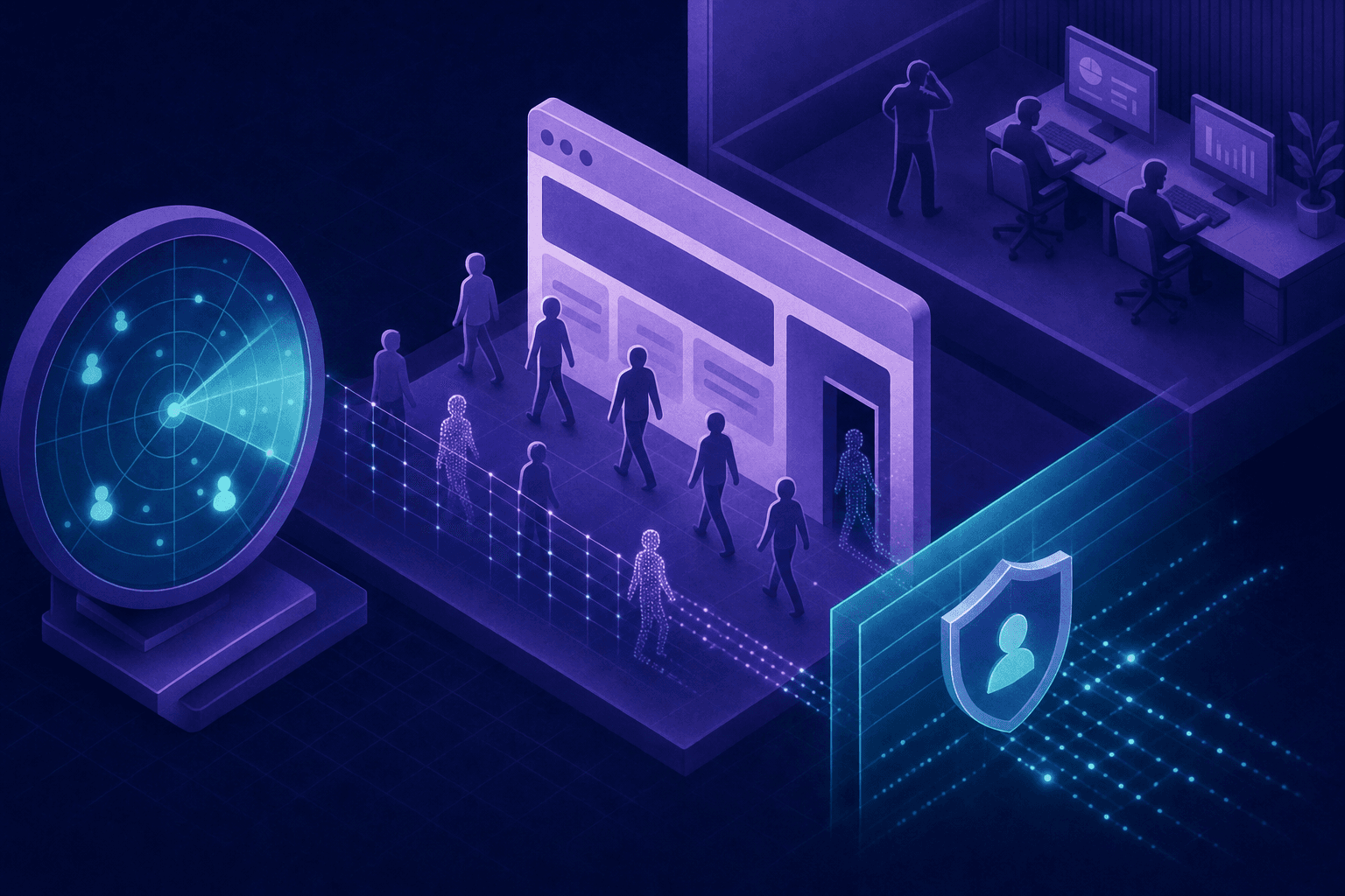A modern isometric illustration of a business intelligence radar display showing a glowing B2B website with anonymous silhouetted visitor figures moving through it, some slipping through invisible gaps in a detection grid, while a sales team in the background remains unaware — set against a deep navy background with electric blue and teal data streams, conveying the concept of high-intent buyers going undetected before a signal layer activates