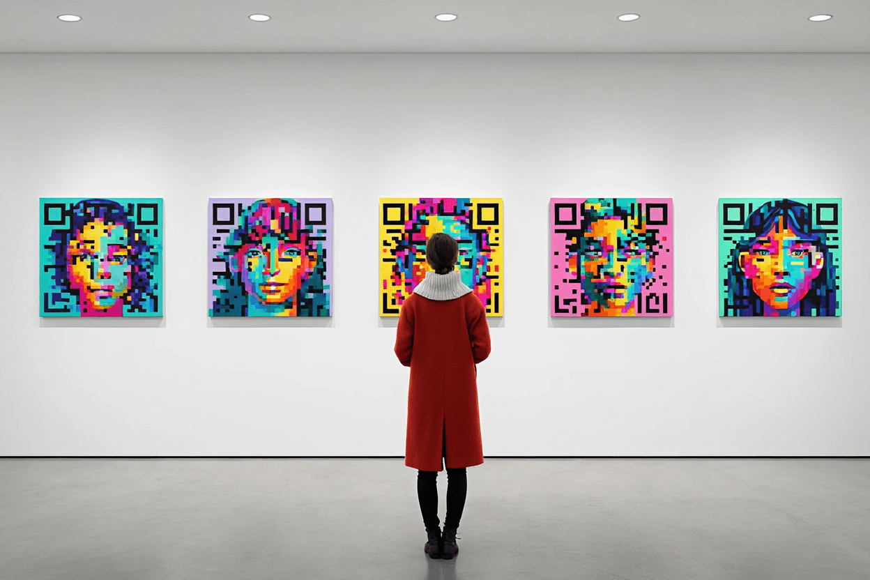 a woman admiring qr codes as graphic art | qr-codes.com 