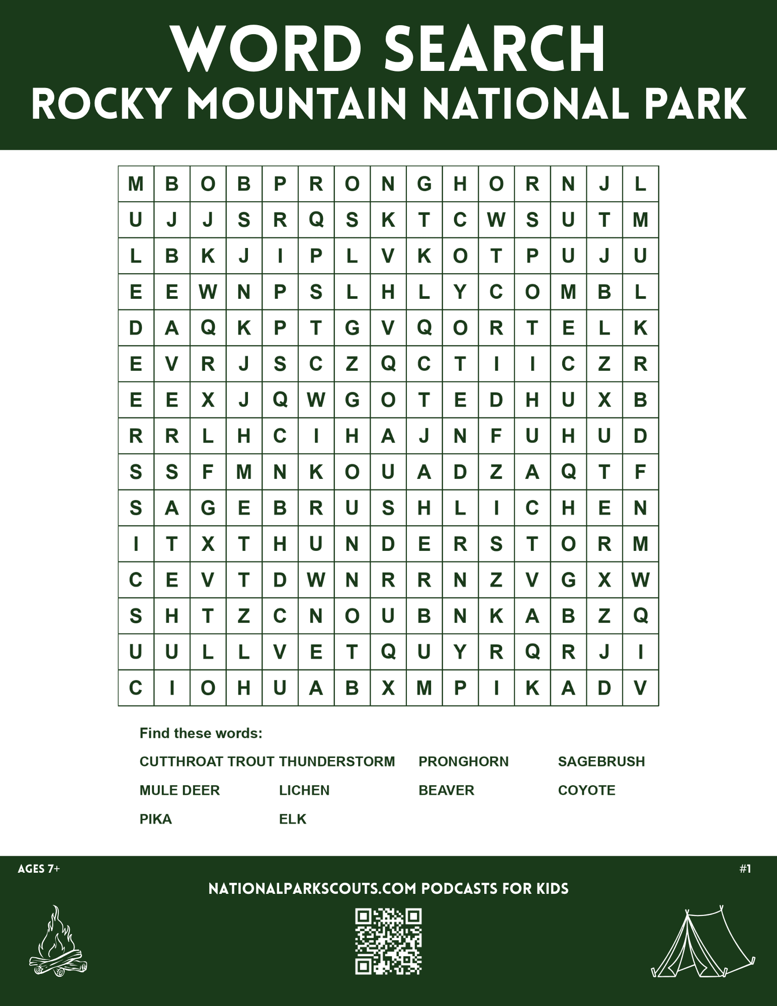 Word Search Rocky Mountain National Park - Younger Kids