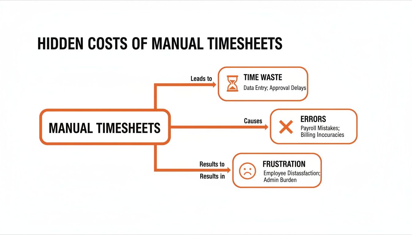 Infographic showing hidden costs of manual timesheets leading to time waste, errors, and frustration.