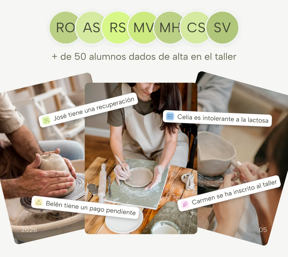 Panel digital de un taller de cerámica con alumnos registrados, información relevante y seguimiento de detalles como pagos, recuperaciones e inscripciones.
