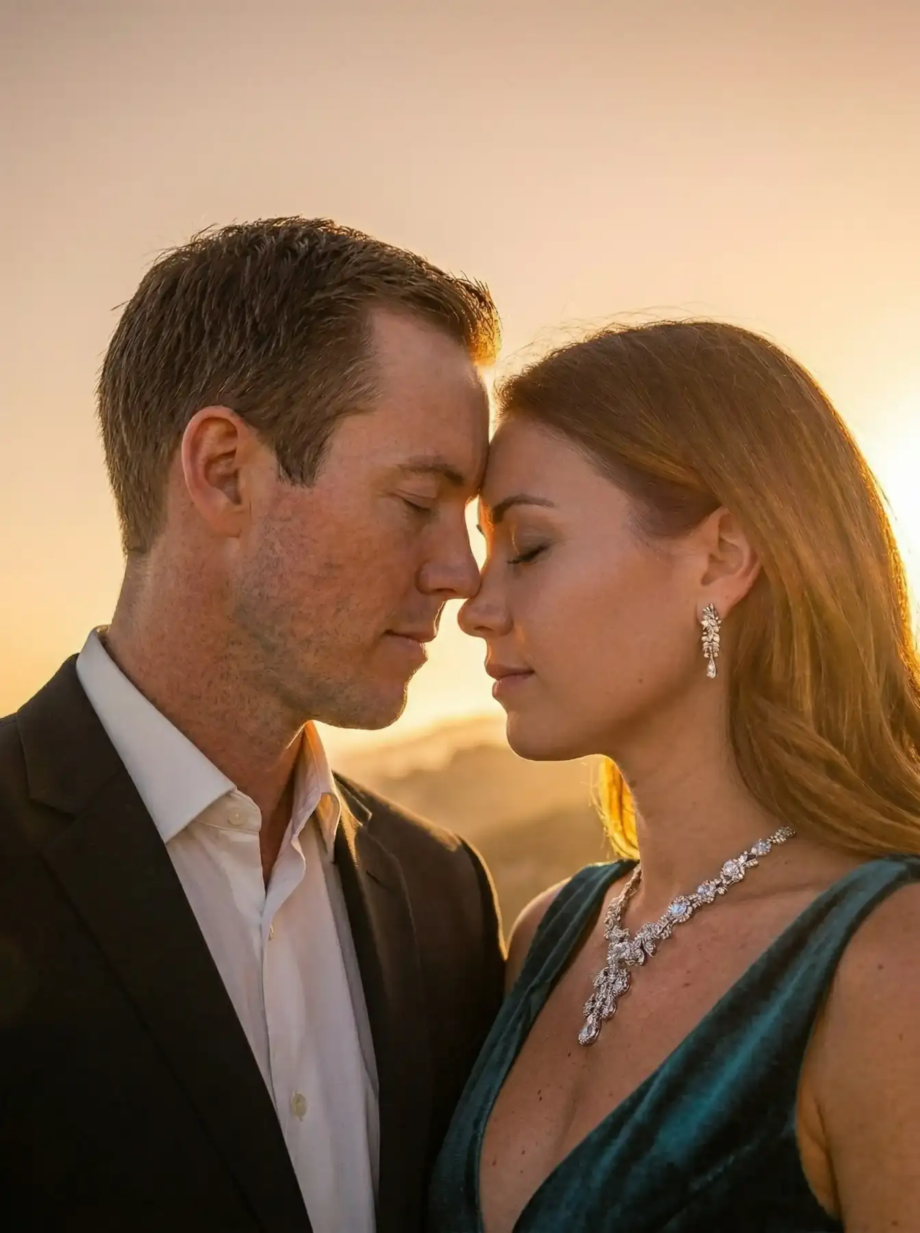 Intimate close-up of a couple touching foreheads at sunset featuring elegant jewelry and teal velvet
