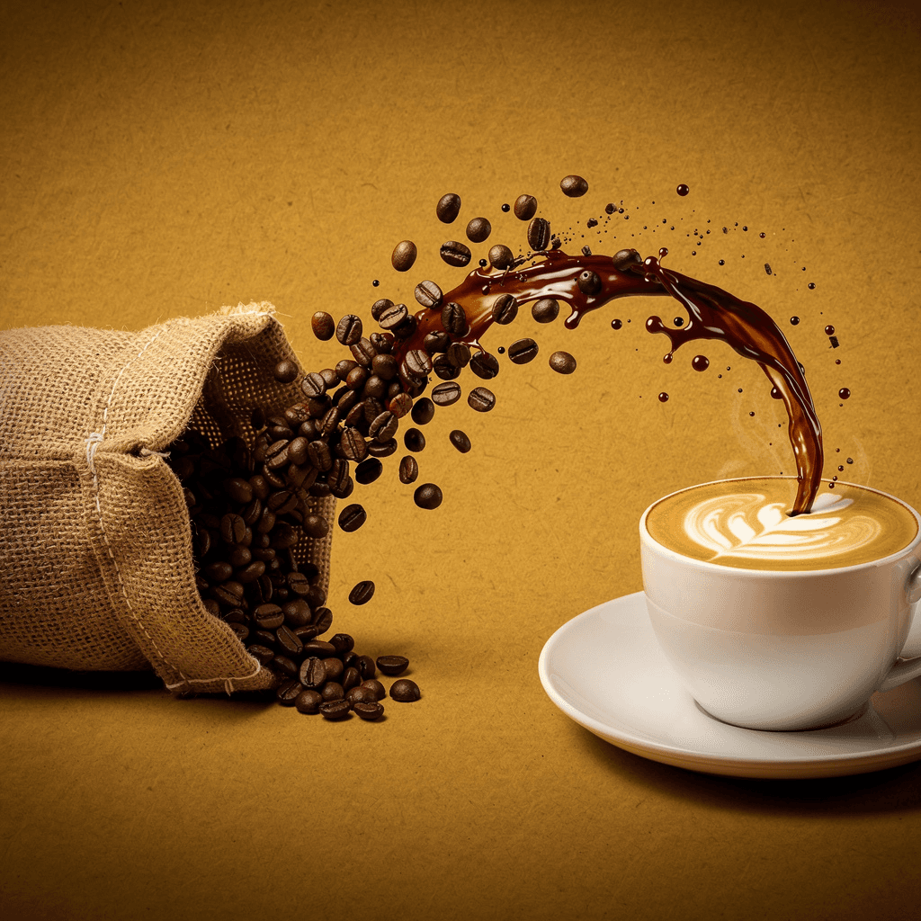 A professional food photography advertisement. A dynamic arc of movement flows from a rustic burlap sack on the left to a ceramic cup on the right. Dark roasted coffee beans fly out of the sack, fragmenting and transforming into liquid espresso droplets mid-air, finally landing as a latte with intricate foam art. Minimalist studio lighting, warm amber and charcoal palette, solid textured ochre background. High-speed photography, frozen motion, hyper-realistic, 8k, cinematic composition.